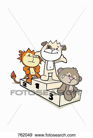 Three cartoon animals standing on a winners podium View Large Illustration Stock Illustration - Three cartoon animals standing on a winners podium. Fotosearch