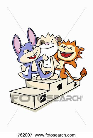 Stock Illustration - Three cartoon characters standing on a winners podium. Fotosearch