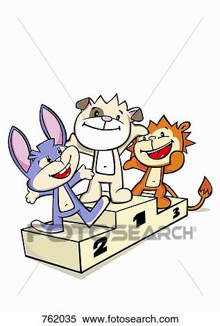 Three cartoon characters standing on a winners podium View Large Illustration Stock Illustration - Three cartoon characters standing on a winners podium. Fotosearch