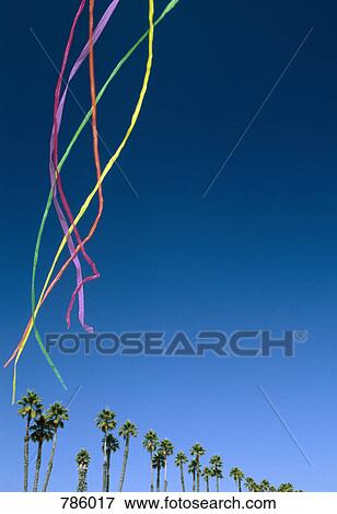 Colored streamers floating in the sky above palm trees View Large Photo Image Stock Photo - Colored streamers floating in the sky above palm trees. Fotosearch