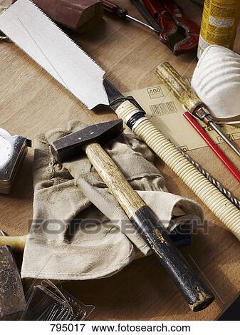 Work tools and equipment on a bench View Large Photo Image Stock Photo - Work tools and equipment on a bench. Fotosearch