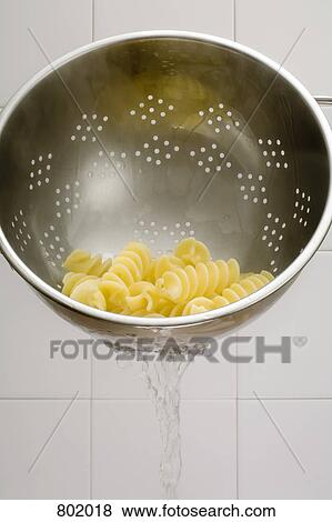 Water draining from a colander of fusilli pasta View Large Photo Image Stock Photo - Water draining from a colander of fusilli pasta. Fotosearch