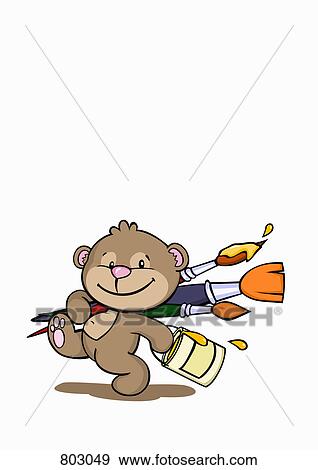 Clip Art - A bear carrying paintbrushes and a paint can. Fotosearch
