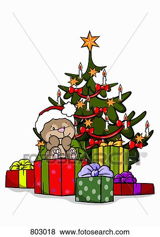 Clip Art - A bear with a Christmas tree and Christmas presents. Fotosearch