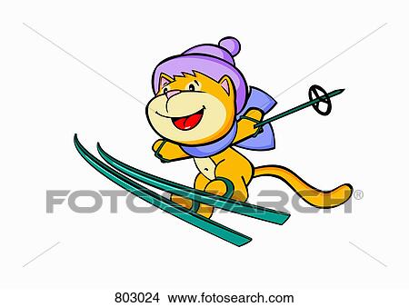 Clipart - A cat snow skiing. Fotosearch