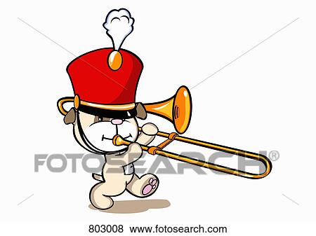 Clip Art - A dog wearing a marching band hat and playing a trombone. Fotosearch