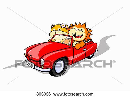 Clip Art - A lion and a cat in a convertible car. Fotosearch