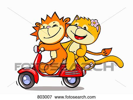 Clip Art - A lion and a cat riding on a scooter. Fotosearch