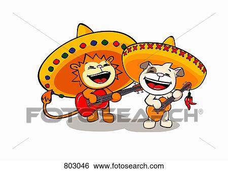 Clip Art - A lion and a dog wearing sombreros and playing guitars. Fotosearch