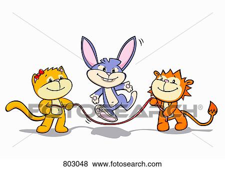 Clip Art - A lion and cat working a jump rope for a rabbit. Fotosearch