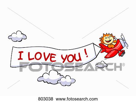 Clip Art - A lion flying an airplane with a banner attached to it that says I LOVE YOU. Fotosearch