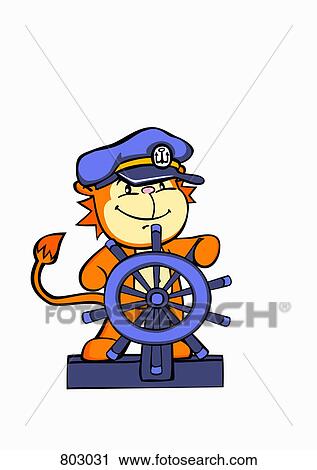 A lion sea captain steering a ship's helm View Large Clip Art Graphic Clipart - A lion sea captain steering a ship's helm. Fotosearch