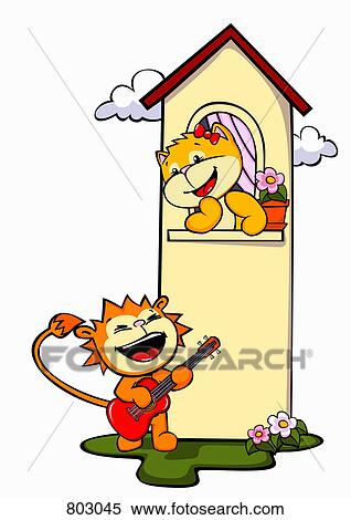 Clipart - A lion serenading a cat in a tower. Fotosearch