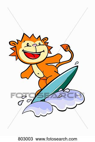 Clipart - A lion surfing. Fotosearch