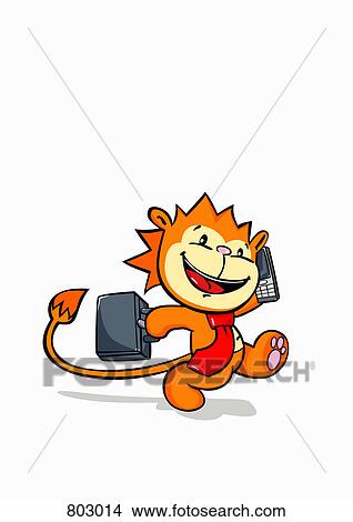 Clipart - A lion talking on a mobile phone and carrying a briefcase. Fotosearch