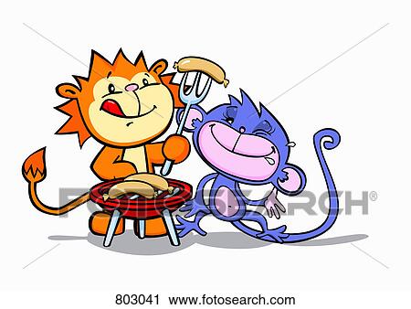 A monkey and a lion having a barbecue View Large Clip Art Graphic Clipart - A monkey and a lion having a barbecue. Fotosearch