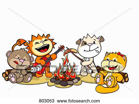 Clipart - Four friends at a campfire. Fotosearch