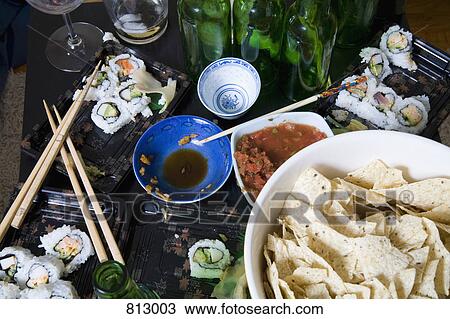 Stock Image - Food leftovers and dirty dishes on a table. Fotosearch