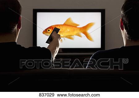 Stock Photo - Two men watching television with one using a remote control. Fotosearch