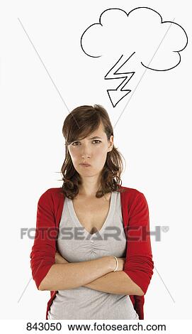 Stock Image - A woman with a drawing of a storm cloud over her head. Fotosearch