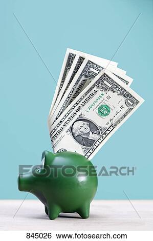 A green piggy bank with dollar bills sticking out of it View Large Photo Image Stock Photograph - A green piggy bank with dollar bills sticking out of it. Fotosearch
