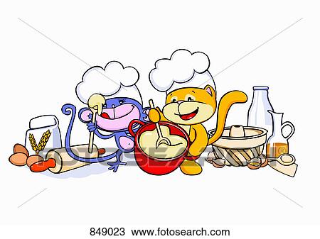 Clipart - A cartoon cat and mouse baking together. Fotosearch