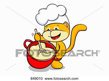 Clipart - A cartoon cat cooking. Fotosearch