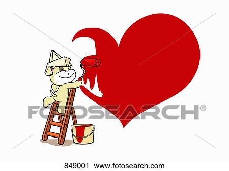 Clipart - A cartoon dog painting a red heart on a wall. Fotosearch