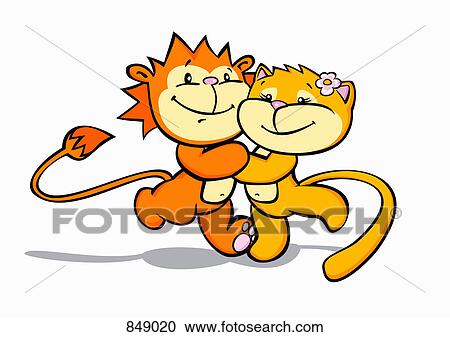 Clipart - A cartoon lion and cat dancing together. Fotosearch