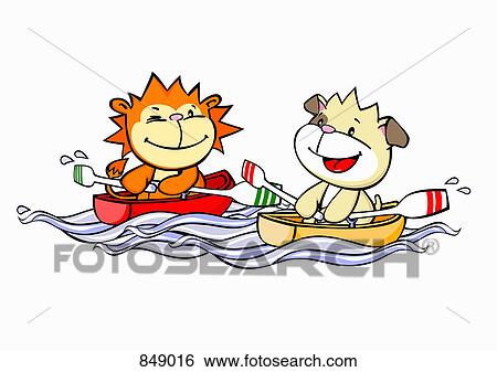 Clip Art - A cartoon lion and dog rowing boats. Fotosearch
