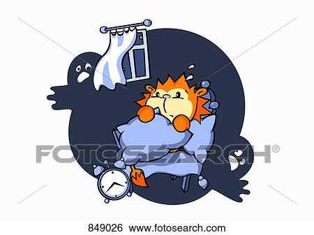 Clip Art - A cartoon lion lying in bed and frightened of ghosts . Fotosearch