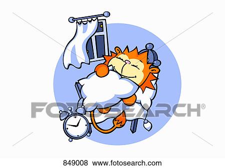 Clip Art - A cartoon lion sleeping in bed. Fotosearch