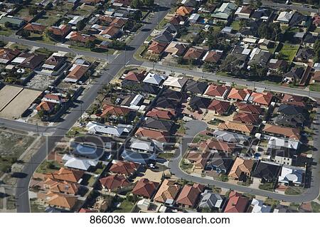 Aerial view of a suburb View Large Photo Image Stock Photograph - Aerial view of a suburb. Fotosearch