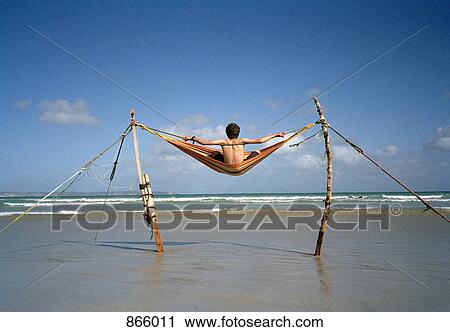 Rear view of a man sitting in hammock View Large Photo Image Stock Image - Rear view of a man sitting in hammock. Fotosearch