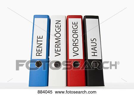 Four colored ring binders with the German words for Pension, Retirement, Finances, and House View Large Photo Image Stock Photography - Four colored ring binders with the German words for Pension, Retirement, Finances, and House. Fotosearch