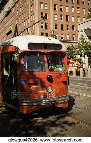 Stock Photograph - Front profile of a red tram, San Francisco, California, USA. Fotosearch
