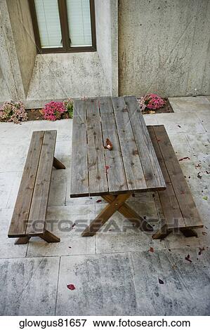 High angle view of two benches and a table View Large Photo Image Stock Photo - High angle view of two benches and a table. Fotosearch