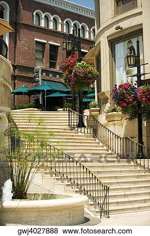 Low angle view of a staircase outside shops, Rodeo Drive, Los Angeles, California, USA View Large Photo Image Stock Photo - Low angle view of a staircase outside shops, Rodeo Drive, Los Angeles, California, USA. Fotosearch