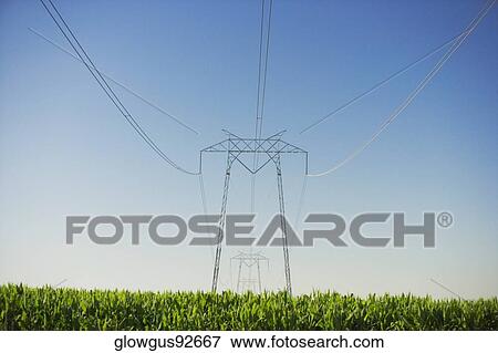 Low angle view of an electricity pylon in a farm View Large Photo Image Stock Photo - Low angle view of an electricity pylon in a farm. Fotosearch