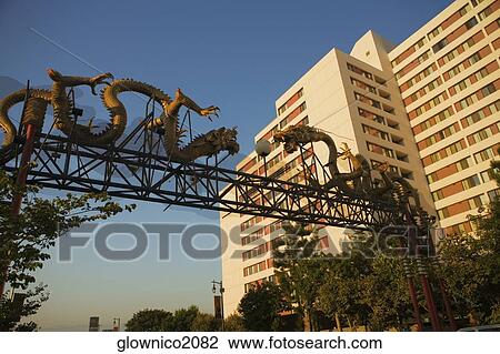 Stock Image - Low angle view of dragon sculptures, China Town, Los Angeles, California, USA. Fotosearch