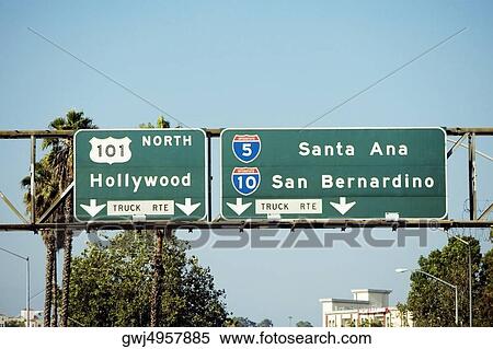 Stock Photography - Low angle view of highway signs to Hollywood, Los Angeles, California, USA. Fotosearch