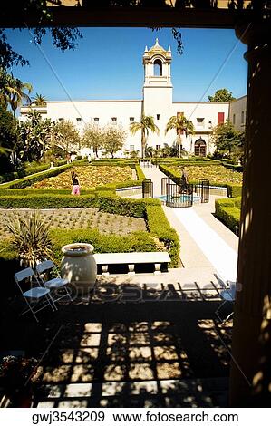 Panoramic view of the facade of an ethnic building, Alcazar Garden, Balboa Park, San Diego, California, USA View Large Photo Image Stock Photo - Panoramic view of the facade of an ethnic building, Alcazar Garden, Balboa Park, San Diego, California, USA. Fotosearch