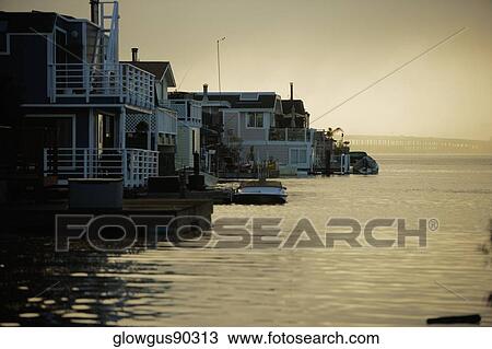 Stock Image - Side profile of boathouses, Sausalito, California, USA. Fotosearch