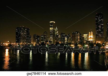 Buildings on a waterfront at night, Chicago, Illinois, USA View Large Photo Image Picture - Buildings on a waterfront at night, Chicago, Illinois, USA. Fotosearch