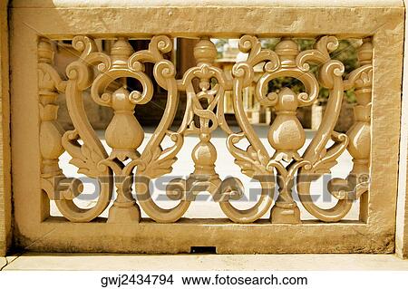 Picture - Close-up of a carved stone railing, Royal Gaitor, Jaipur, Rajasthan, India. Fotosearch