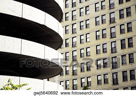 Stock Image - Close-up of a circular parking deck, Chicago, Illinois, USA. Fotosearch