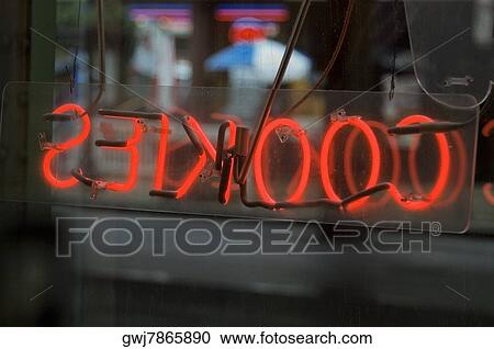 Stock Image - Close-up of a neon cookie sign. Fotosearch