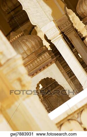 Stock Image - Close-up of carved stone arches and columns of a palace, Royal Gaitor, Jaipur, Rajasthan, India. Fotosearch