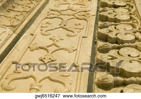 Stock Photo - Close-up of carvings on the wall, Taj Mahal, Agra, Uttar Pradesh, India. Fotosearch