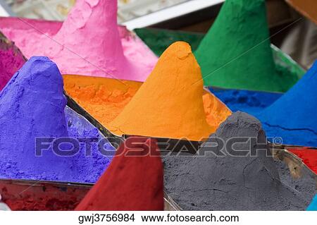 Close-up of mounds of colored powder used for Hindu rituals, Pushkar, Rajasthan, India View Large Photo Image Picture - Close-up of mounds of colored powder used for Hindu rituals, Pushkar, Rajasthan, India. Fotosearch